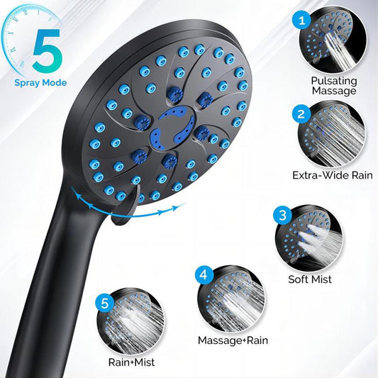 8-Mode High Pressure Handheld Shower Head - Anti-Clog Nozzles, Built-In Power Wash to Clean Tub, Tile & Pets, Extra Long 5 Ft. Stainless Steel Hose, Wall & Overhead Brackets