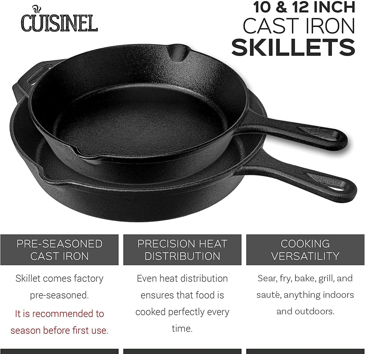 Cast Iron Skillet Set - 10" + 12" Frying Pan + Glass Lids + 2 Handle Cover Grips - Pre-Seasoned Oven Cookware - Indoor/Outdoor Use - Grill, Stovetop, Induction, BBQ, Camping, Fire Use