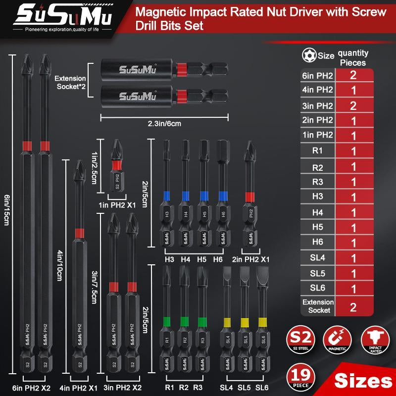 Summer 19-In-1 Magnetic Screwdriver Bit Set, Impact Ready Magnetic Screwdriver Bits, Square Slot Hex Shank Flat Head Slotted Screwdriver, Work Equipment for Men