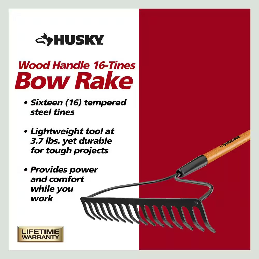 57 In. Wood Handle 16-Tine Bow Rake