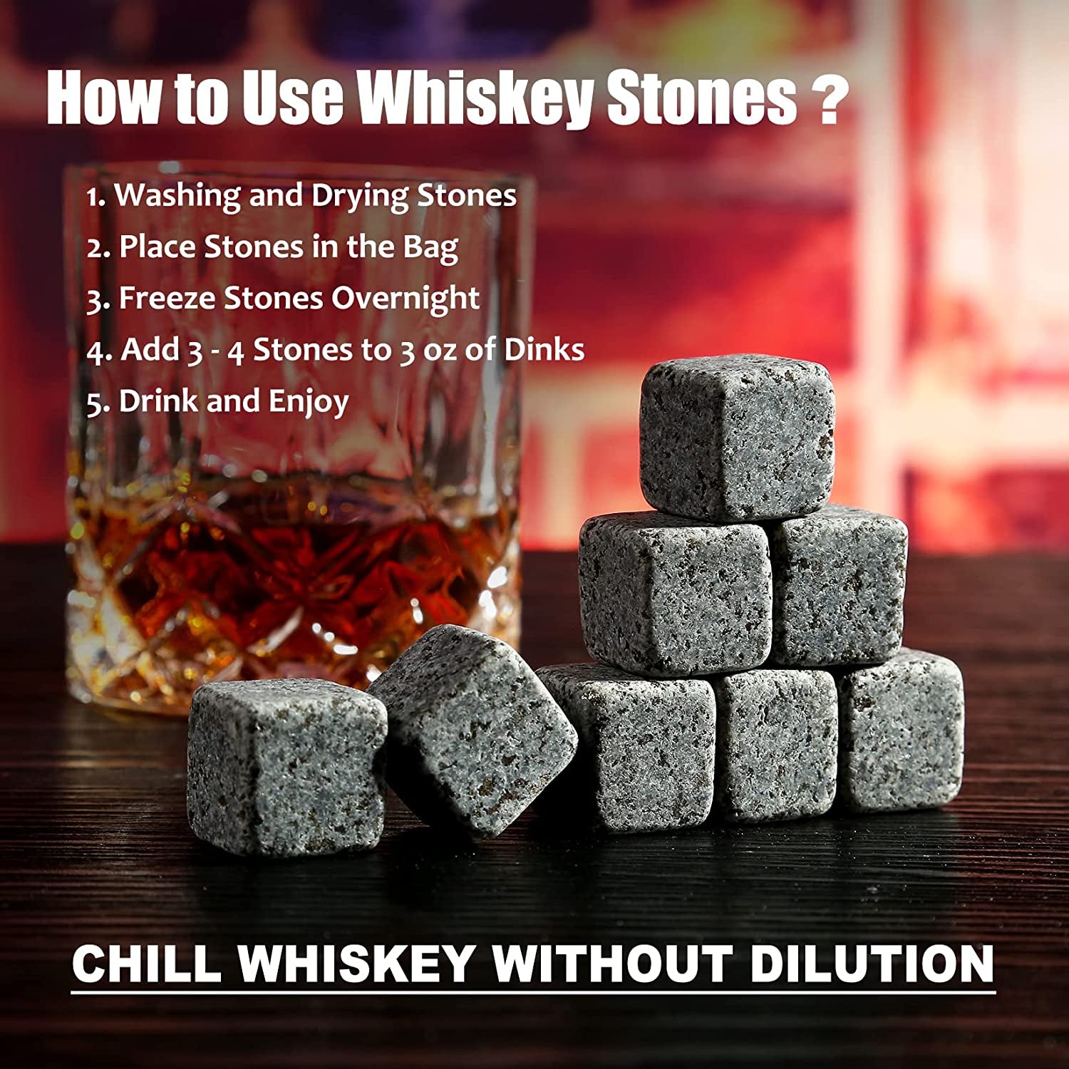 Whiskey Stones Gift Set - Whiskey Glass Set of 2 - Granite Chilling Whiskey Rocks - Scotch Bourbon Box Set -Christmas Birthday Gifts for Men Drinking Gift for Dad Him Husband Party Holiday Present