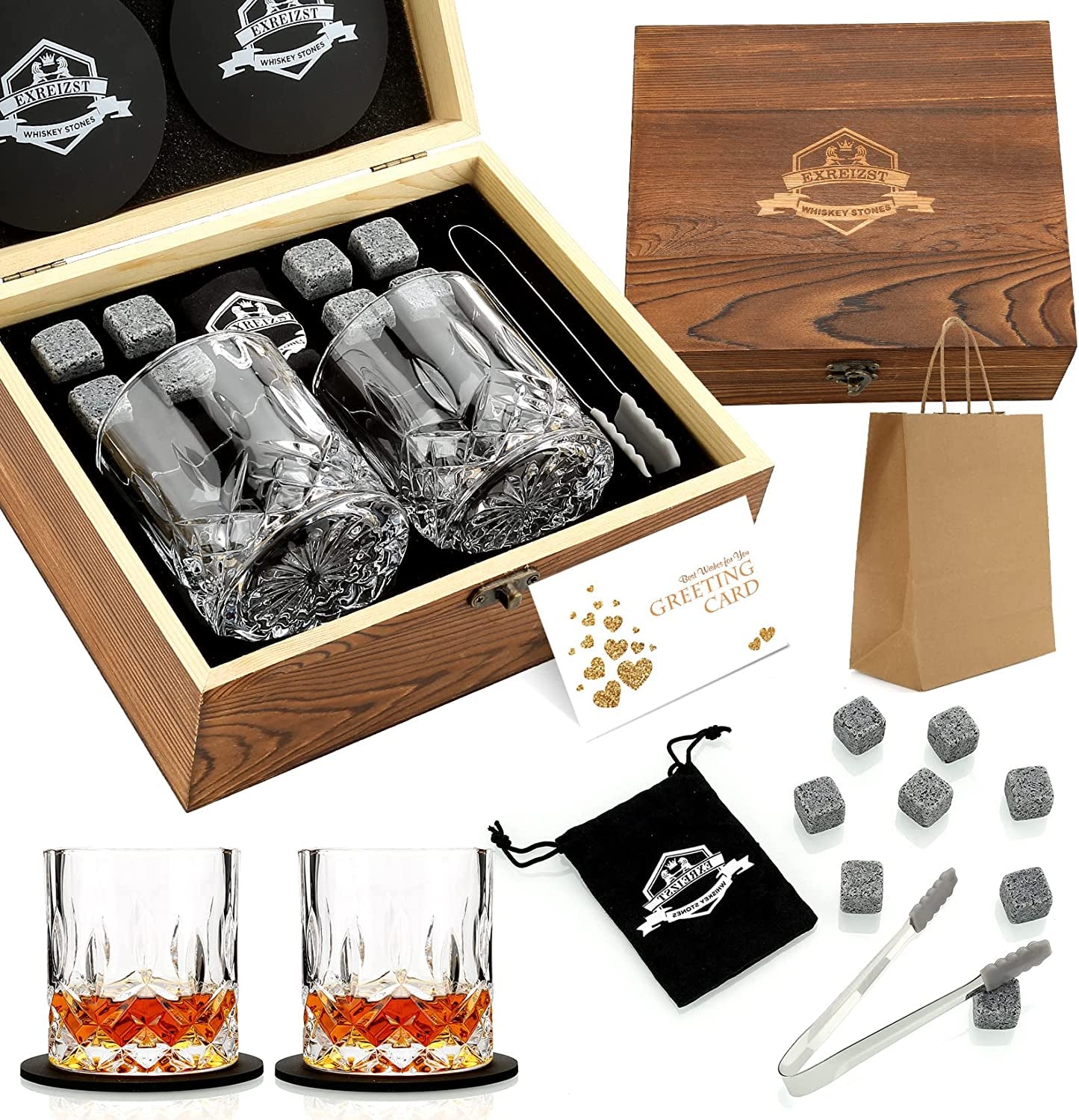 Whiskey Stones Gift Set - Whiskey Glass Set of 2 - Granite Chilling Whiskey Rocks - Scotch Bourbon Box Set -Christmas Birthday Gifts for Men Drinking Gift for Dad Him Husband Party Holiday Present