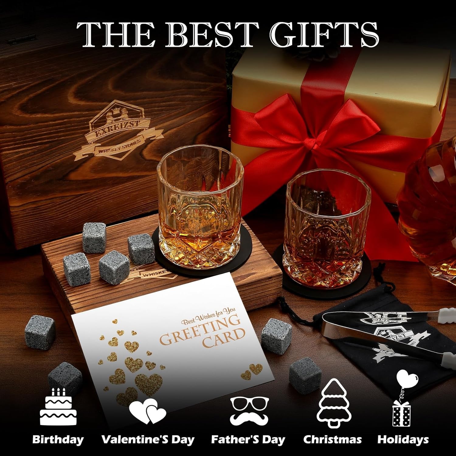 Whiskey Stones Gift Set - Whiskey Glass Set of 2 - Granite Chilling Whiskey Rocks - Scotch Bourbon Box Set -Christmas Birthday Gifts for Men Drinking Gift for Dad Him Husband Party Holiday Present