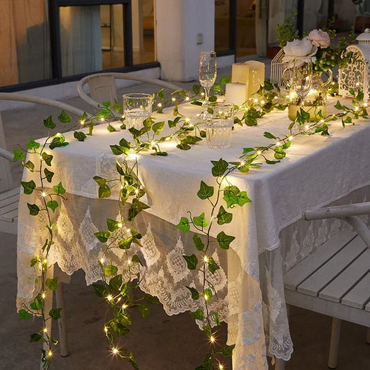 Fairy Lights Green Leaf Ivy Vine Battery-Operated Garland 2/5/10M Festoon LED String Lights Decor for Wedding Party Home Garden