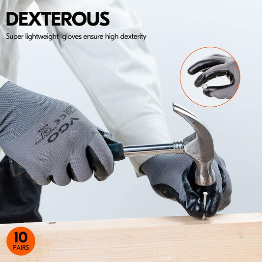 10-Pairs Safety Work Gloves, Gardening Gloves, Non-Slip Nitrile Coating, Dipping Gloves (Size M, Gray, NT2110)