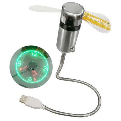 LED Clock Fan Time Temperature Display Mini Cooling Flashing Fan DC 5V Portable Gadgets USB Powered Flexible Gooseneck LED Clock