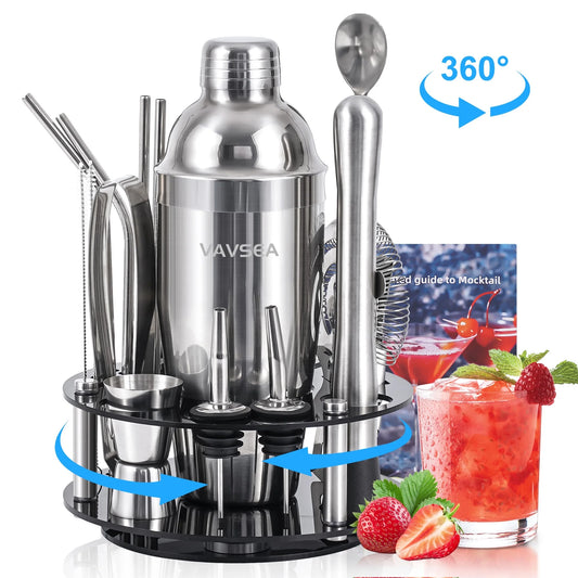 Cocktail Shaker Set with Rotatable Stand, Mixology Bartender Kit Bar Tool Set for Drink Mixing Home Lounge Party Bar Accessories with Straws & Spoon, Silver, 19Pcs