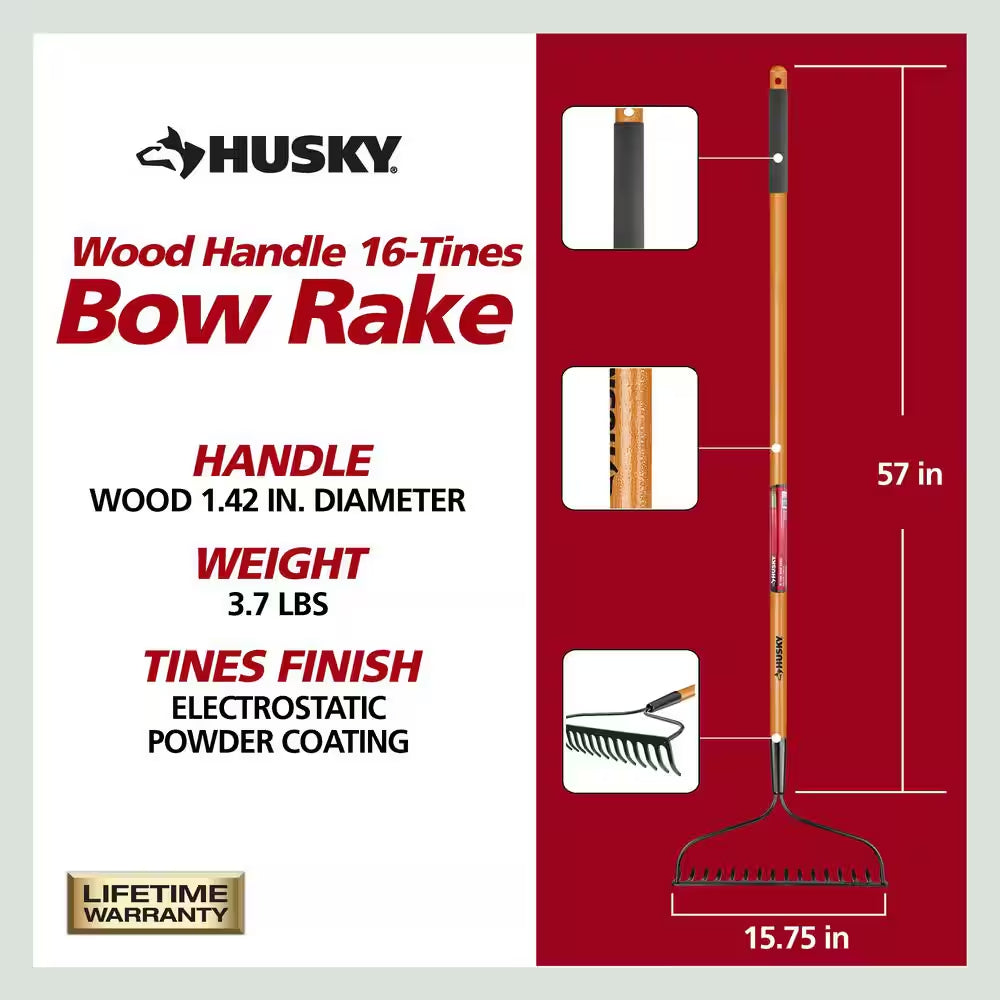 57 In. Wood Handle 16-Tine Bow Rake