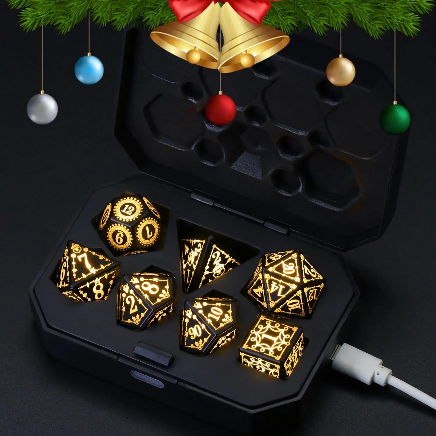 DND LED Dice Rechargeable with Charging Box, 7 PCS Light up Dice for Tabletop Games RPG Dungeons and Dragons Dice Christmas Gift